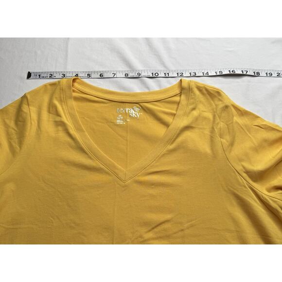 Terra Sky 0X Yellow Top V-neck Curved Hem Short Sleeve Stretch Cotton Blend - Picture 6 of 12